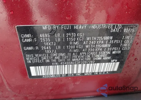 2015 Subaru Outback 2.5I Limited from USA, damaged, VIN 4S4BSALC3F3297282